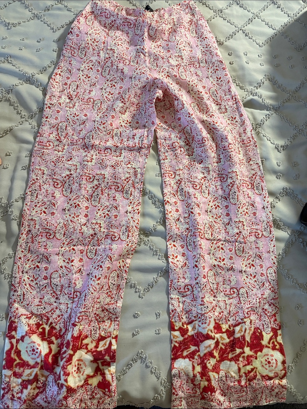 ZARA ALLOVER PAISLEY PRINTED PINK LINEN BLEND WIDE LEG TROUSER PANTS M NWT
